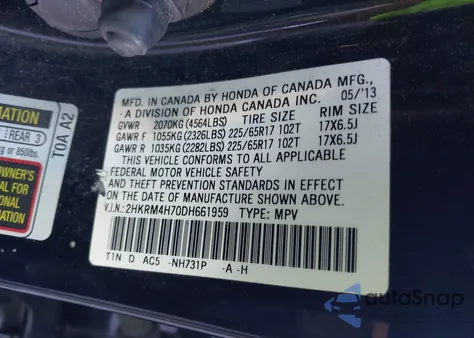 2013 Honda Cr-V Ex-L from USA, damaged, VIN 2HKRM4H70DH661959